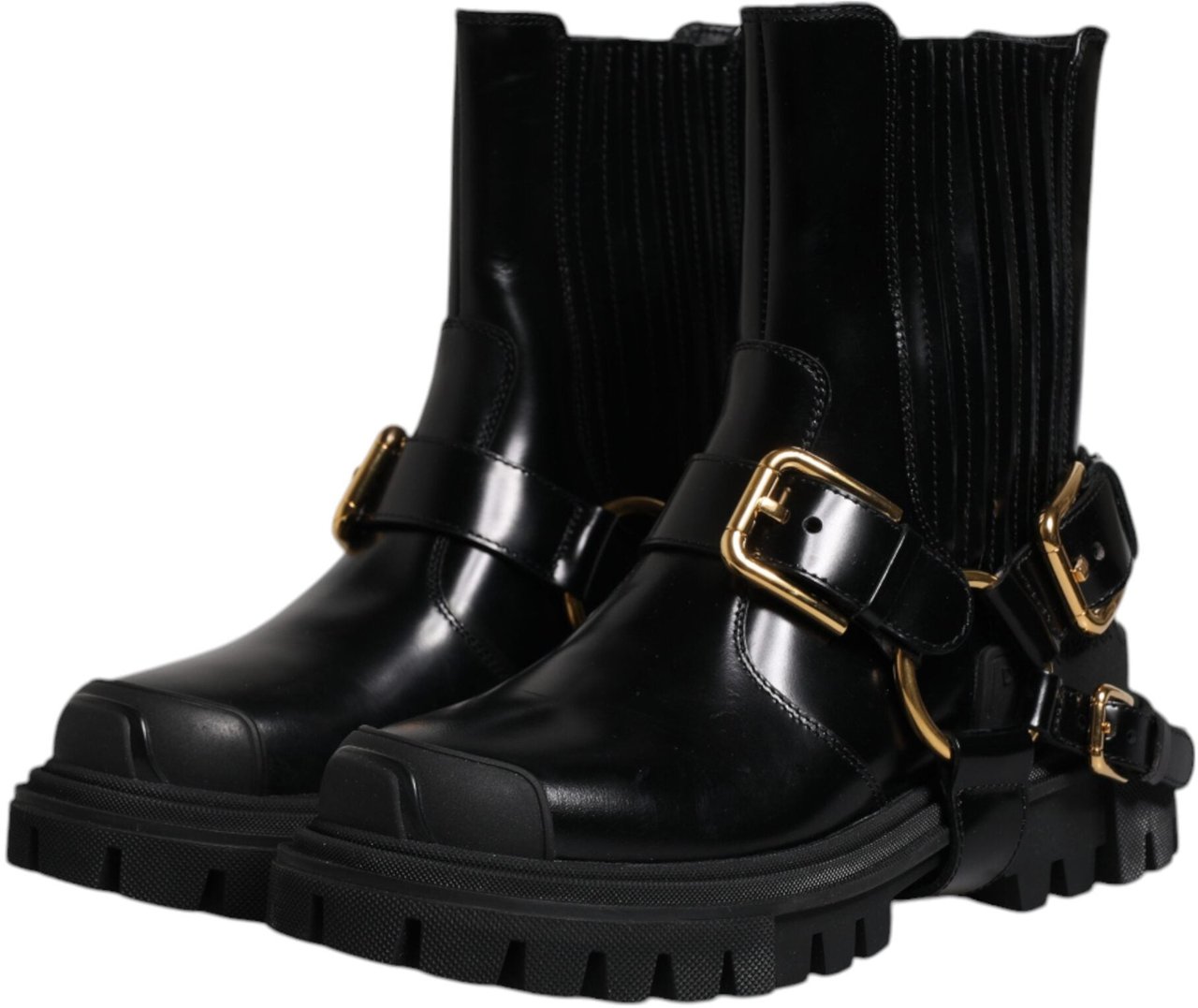 Dolce & Gabbana Black Leather Slip On Stretch Trekking Boots Shoes Zwart