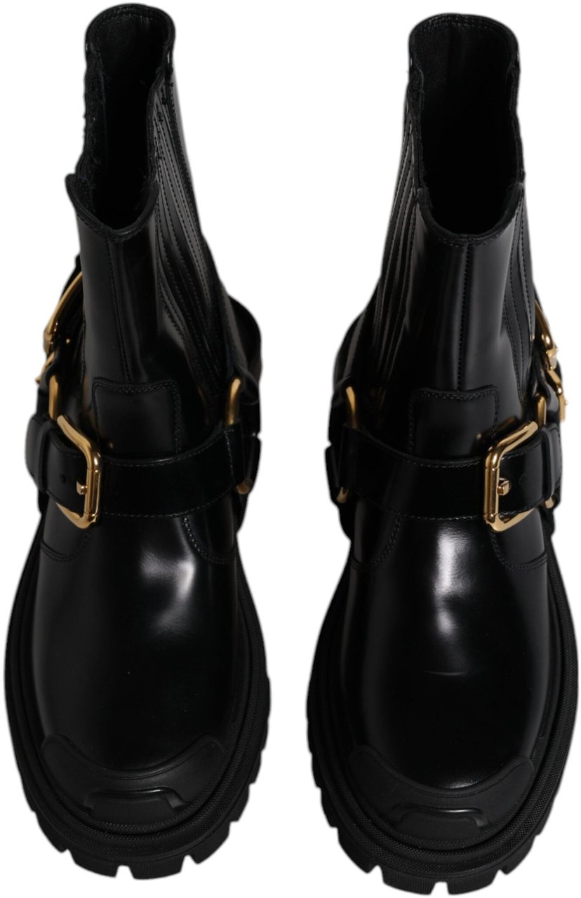 Dolce & Gabbana Black Leather Slip On Stretch Trekking Boots Shoes Zwart
