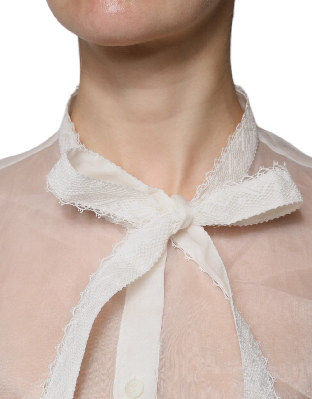 Dolce & Gabbana White Ascot Collar Long Sleeves Blouse Top Wit