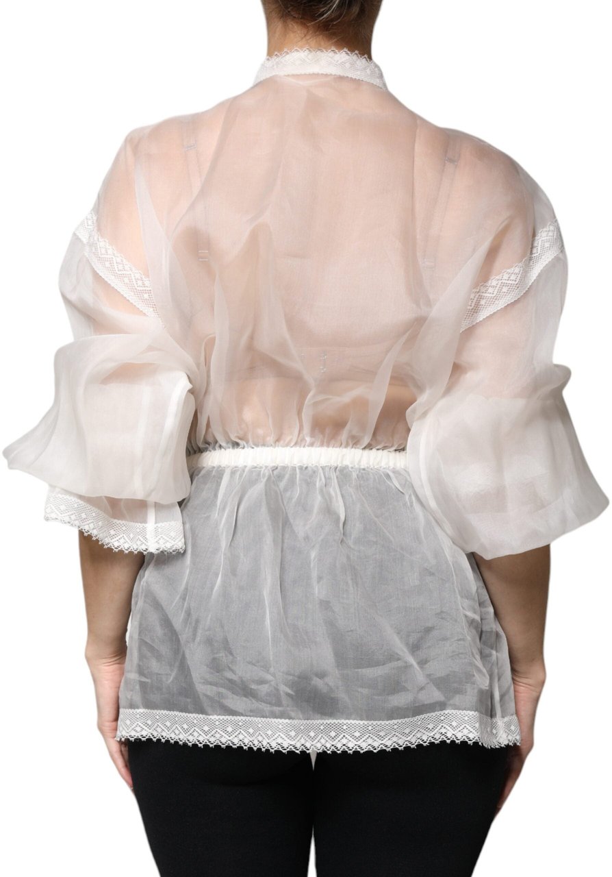 Dolce & Gabbana White Ascot Collar Long Sleeves Blouse Top Wit