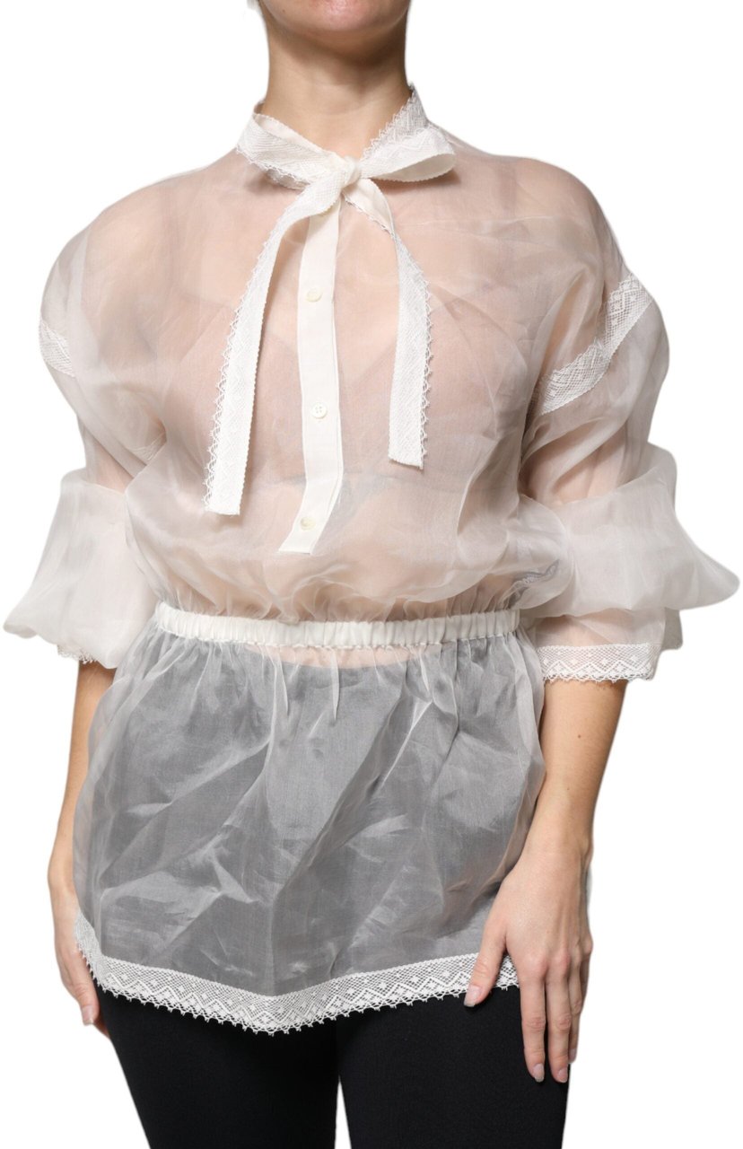 Dolce & Gabbana White Ascot Collar Long Sleeves Blouse Top Wit