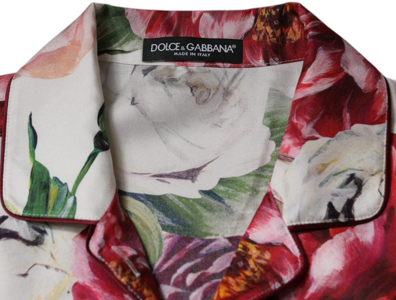 Dolce & Gabbana White Peony Silk Long Sleeves Collared Blouse Top Wit