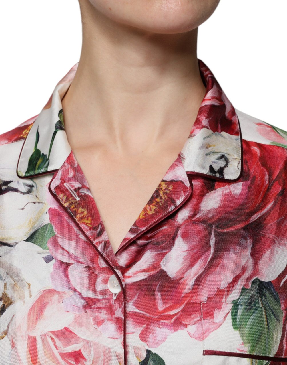 Dolce & Gabbana White Peony Silk Long Sleeves Collared Blouse Top Wit