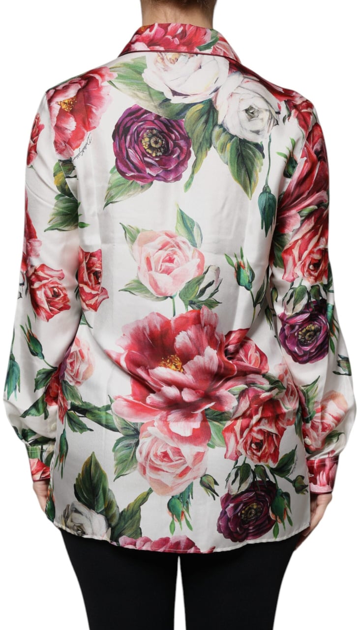 Dolce & Gabbana White Peony Silk Long Sleeves Collared Blouse Top Wit