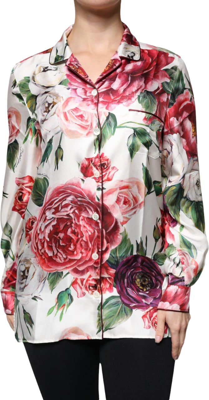 Dolce & Gabbana White Peony Silk Long Sleeves Collared Blouse Top Wit