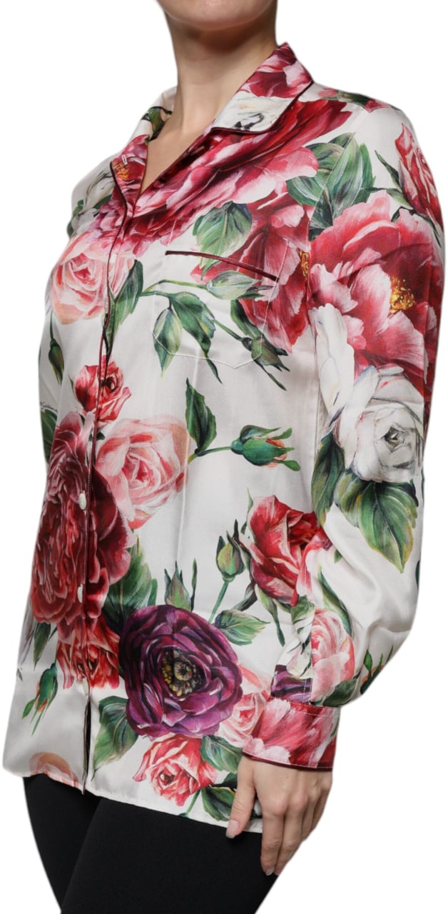 Dolce & Gabbana White Peony Silk Long Sleeves Collared Blouse Top Wit