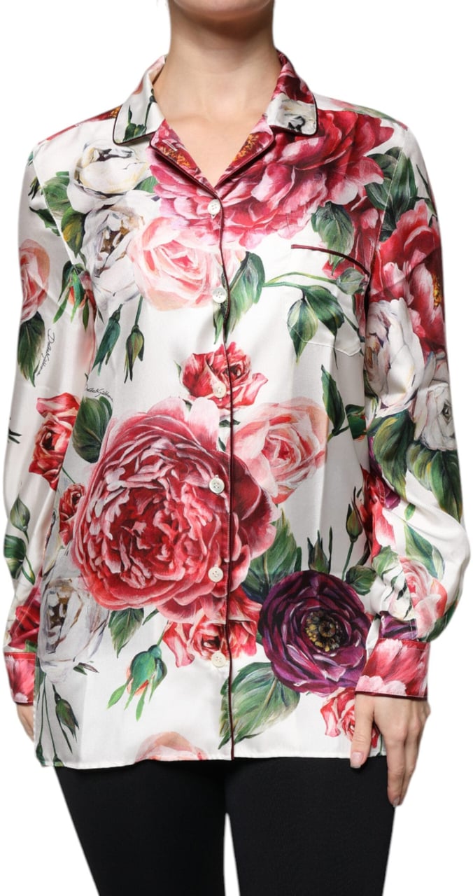 Dolce & Gabbana White Peony Silk Long Sleeves Collared Blouse Top Wit