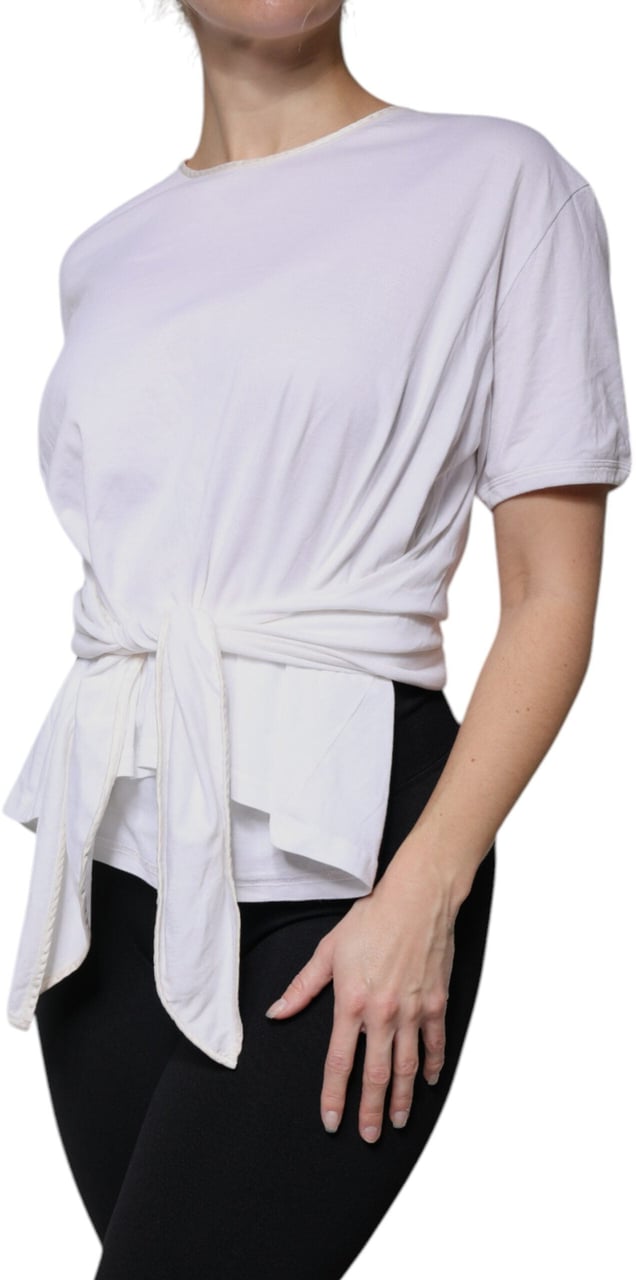 Dolce & Gabbana White Cotton Silk Round Neck Wrap Blouse Top Wit