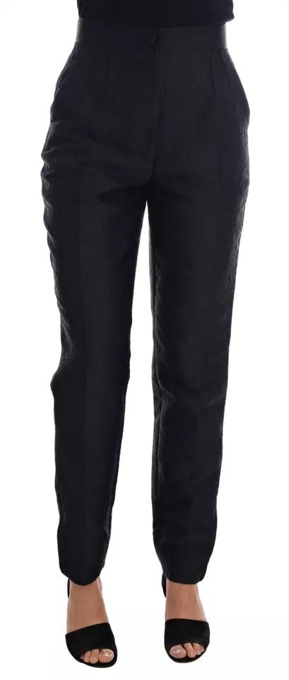 Dolce & Gabbana Black Floral Brocade High Waist Pants Zwart