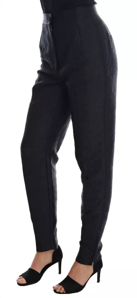 Dolce & Gabbana Black Floral Brocade High Waist Pants Zwart