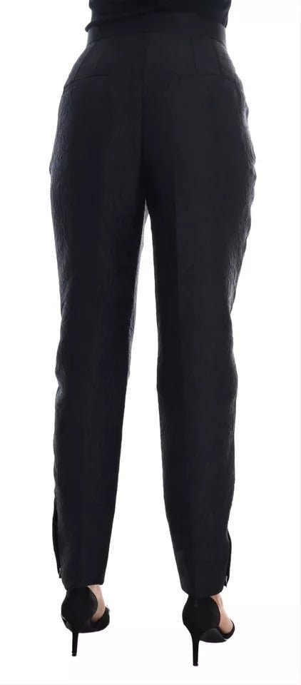 Dolce & Gabbana Black Floral Brocade High Waist Pants Zwart