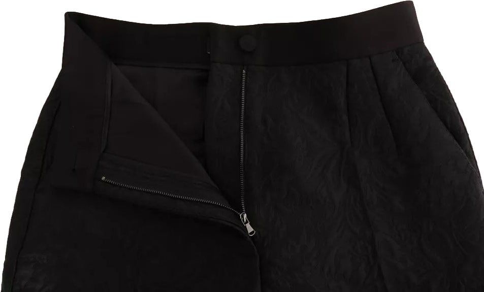 Dolce & Gabbana Black Floral Brocade High Waist Pants Zwart