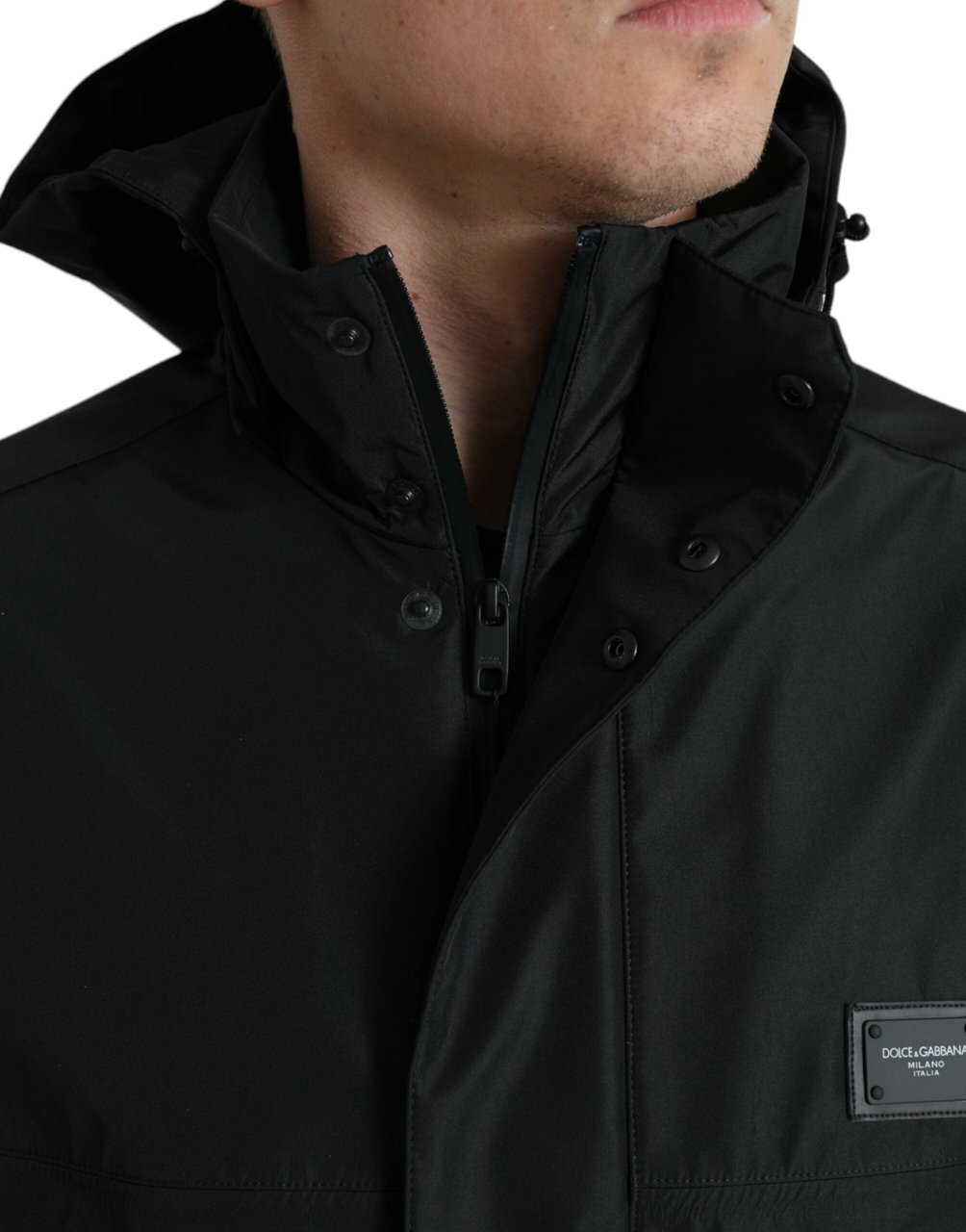 Dolce & Gabbana Black Polyester Logo Plaque Hooded Jacket Zwart