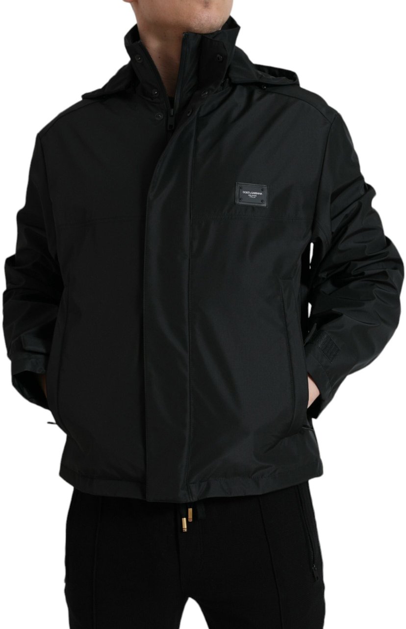 Dolce & Gabbana Black Polyester Logo Plaque Hooded Jacket Zwart