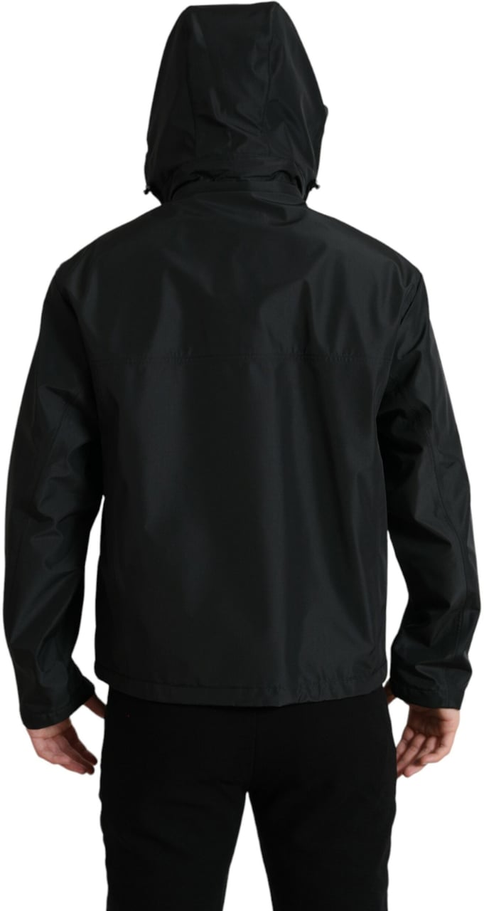 Dolce & Gabbana Black Polyester Logo Plaque Hooded Jacket Zwart