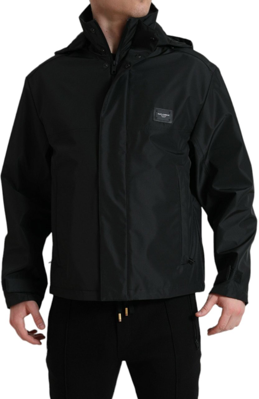 Dolce & Gabbana Black Polyester Logo Plaque Hooded Jacket Zwart