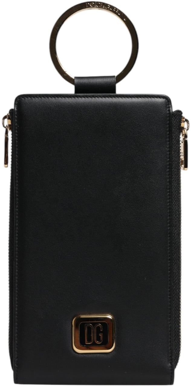 Dolce & Gabbana Black Leather Logo Plaque Neck Strap Card Coin Wallet Zwart