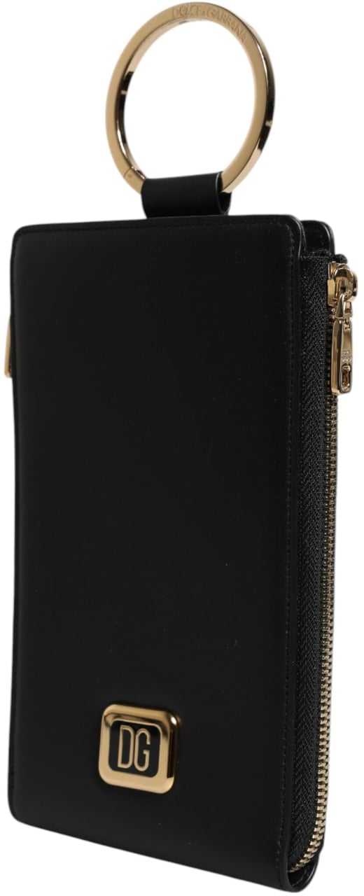 Dolce & Gabbana Black Leather Logo Plaque Neck Strap Card Coin Wallet Zwart