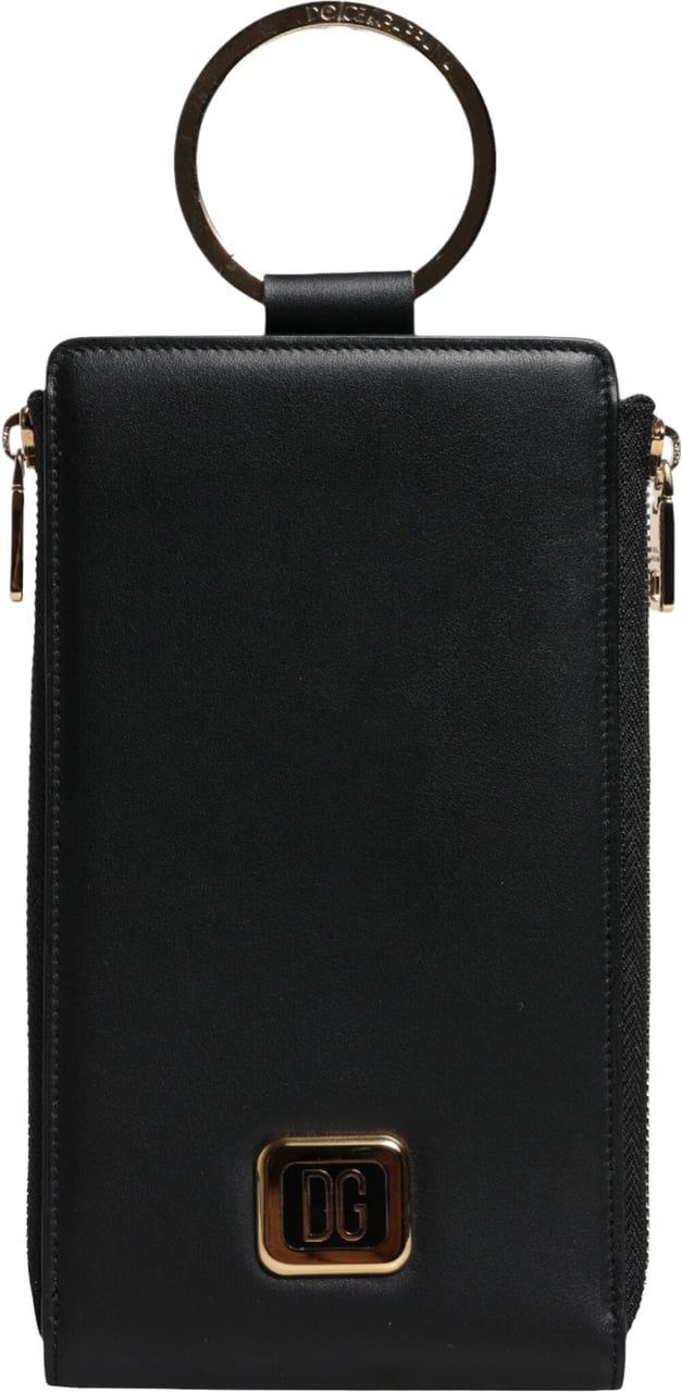 Dolce & Gabbana Black Leather Logo Plaque Neck Strap Card Coin Wallet Zwart