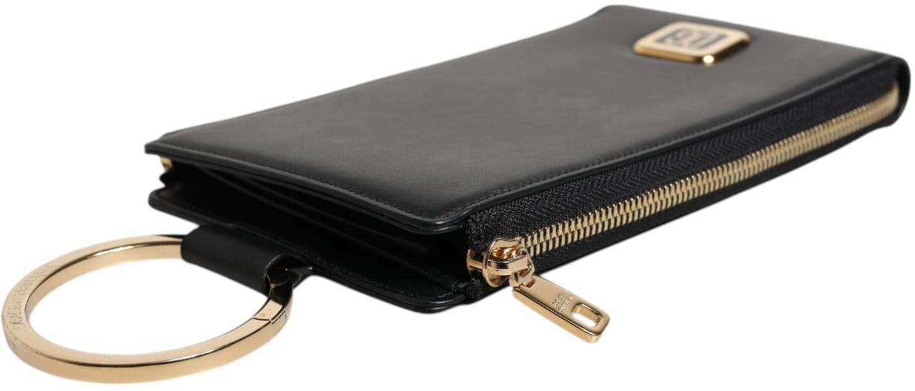 Dolce & Gabbana Black Leather Logo Plaque Neck Strap Card Coin Wallet Zwart
