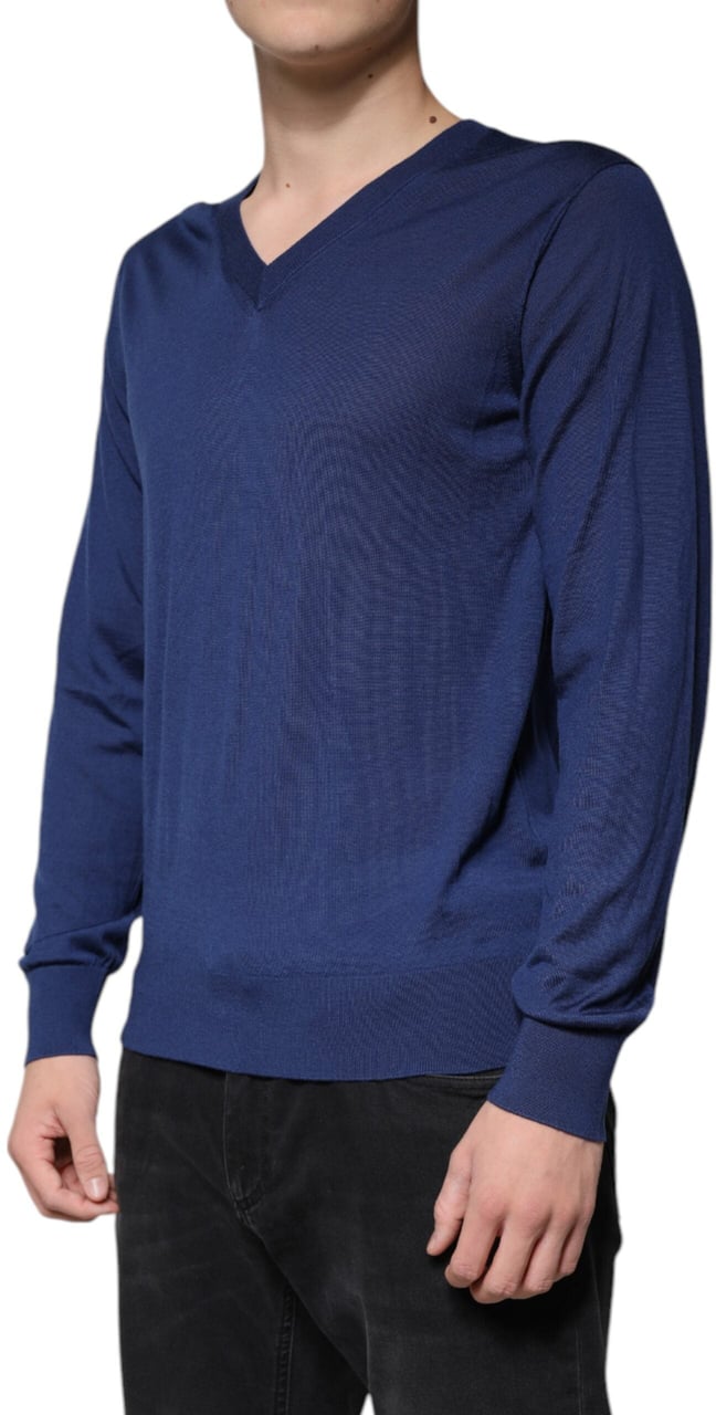 Dolce & Gabbana Navy Blue Cashmere V-neck Pullover Sweater Blauw