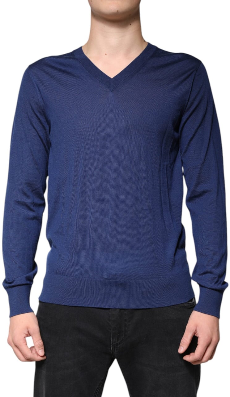 Dolce & Gabbana Navy Blue Cashmere V-neck Pullover Sweater Blauw