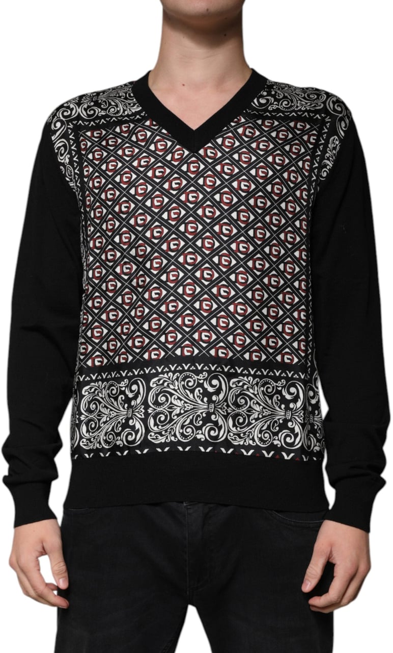 Dolce & Gabbana Black Logo Wool V-neck Pullover Sweater Zwart
