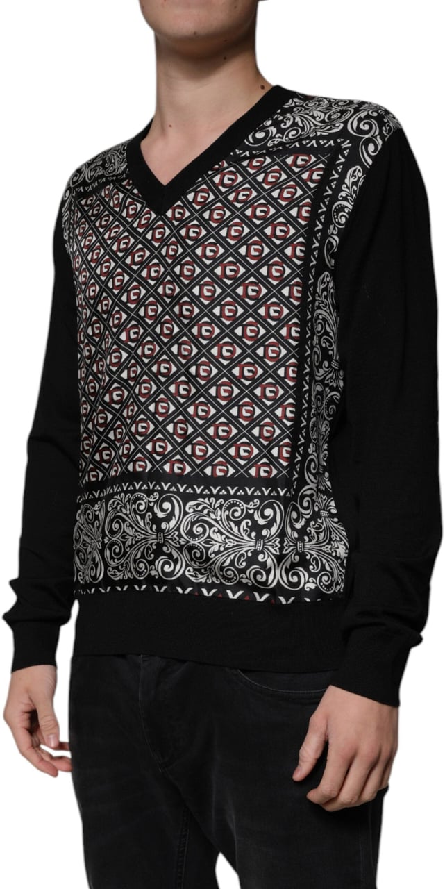 Dolce & Gabbana Black Logo Wool V-neck Pullover Sweater Zwart