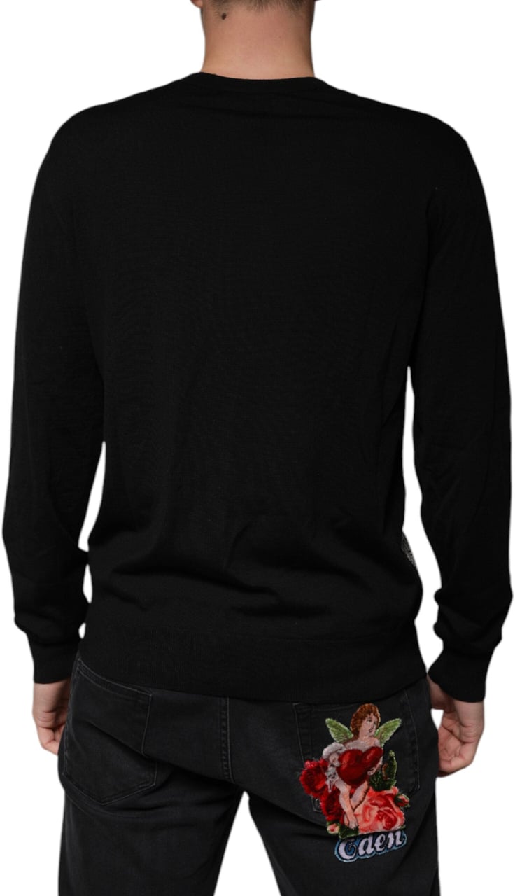 Dolce & Gabbana Black Logo Wool V-neck Pullover Sweater Zwart