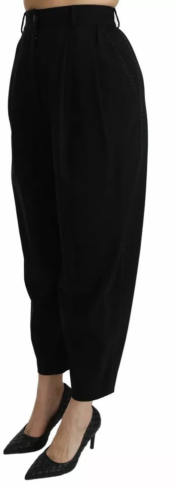Dolce & Gabbana Black Wool High Waist Pleat Front Cropped Pants Zwart