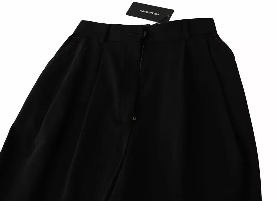 Dolce & Gabbana Black Wool High Waist Pleat Front Cropped Pants Zwart
