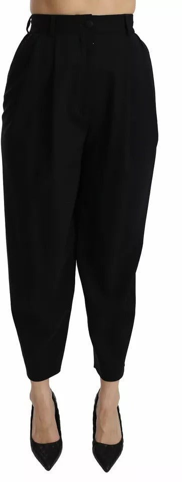 Dolce & Gabbana Black Wool High Waist Pleat Front Cropped Pants Zwart