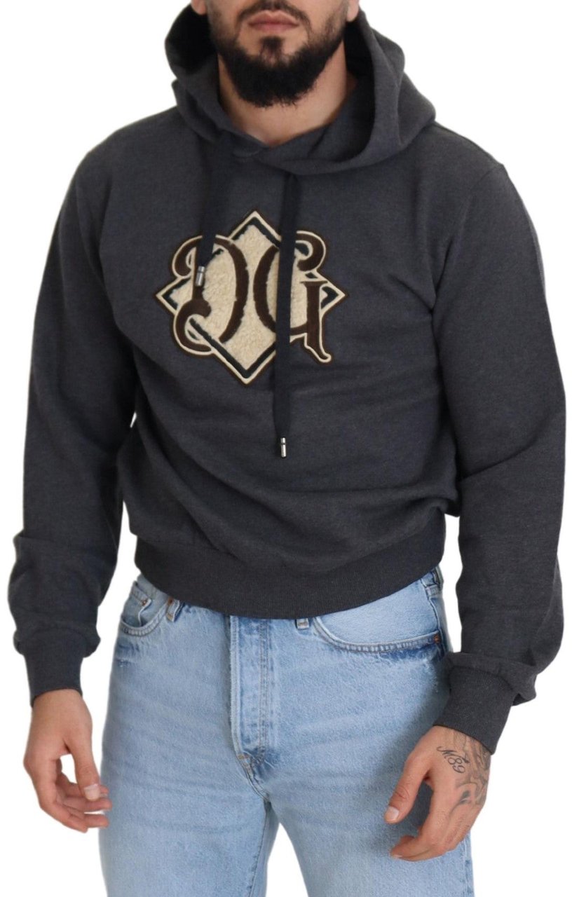 Dolce & Gabbana Gray Logo Cotton Hooded Sweatshirt Sweater Grijs