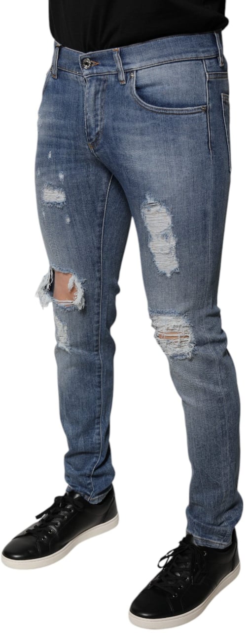 Dolce & Gabbana Blue Tattered Cotton Stretch Skinny Denim Jeans Blauw