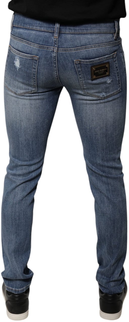 Dolce & Gabbana Blue Tattered Cotton Stretch Skinny Denim Jeans Blauw