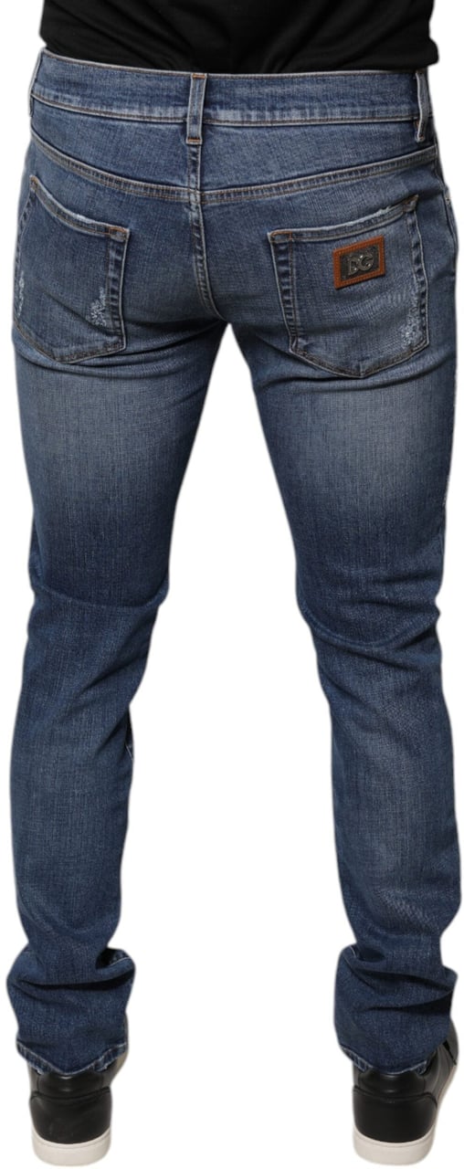 Dolce & Gabbana Blue Tattered Cotton Stretch Skinny Denim Jeans Blauw
