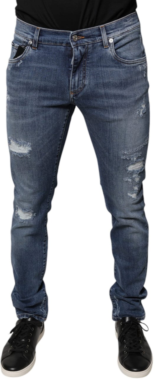 Dolce & Gabbana Blue Tattered Cotton Stretch Skinny Denim Jeans Blauw