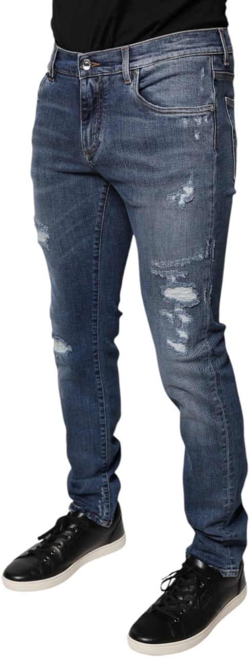 Dolce & Gabbana Blue Tattered Cotton Stretch Skinny Denim Jeans Blauw