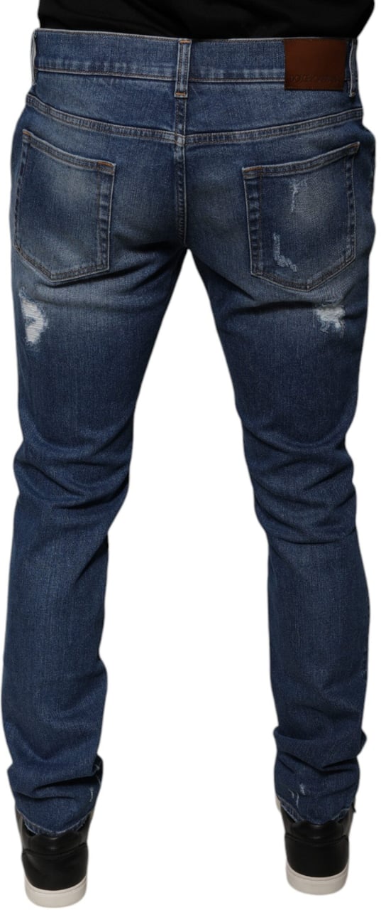 Dolce & Gabbana Blue Cotton Tattered Skinny Denim Jeans Blauw
