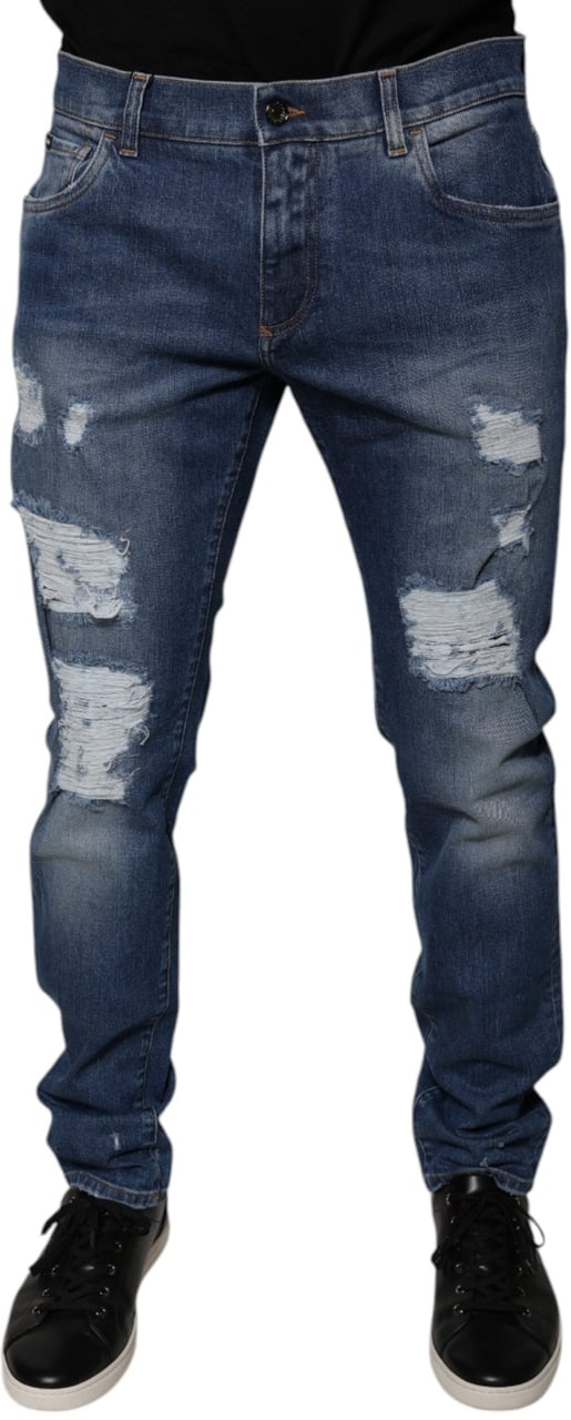 Dolce & Gabbana Blue Cotton Tattered Skinny Denim Jeans Blauw