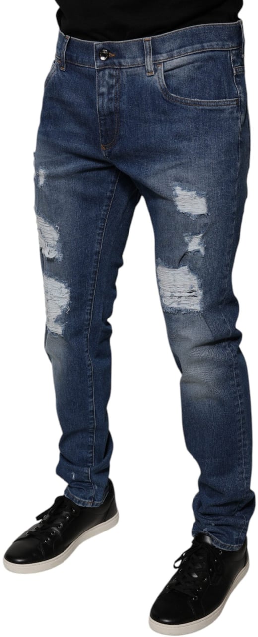 Dolce & Gabbana Blue Cotton Tattered Skinny Denim Jeans Blauw