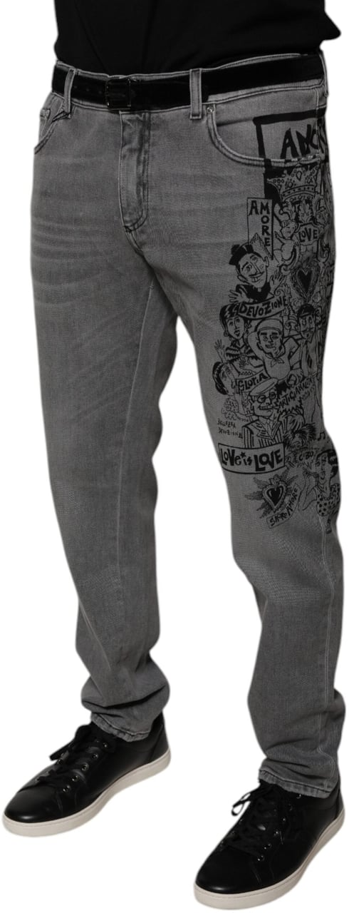 Dolce & Gabbana Gray Graphic Print Cotton Skinny Denim Jeans Grijs