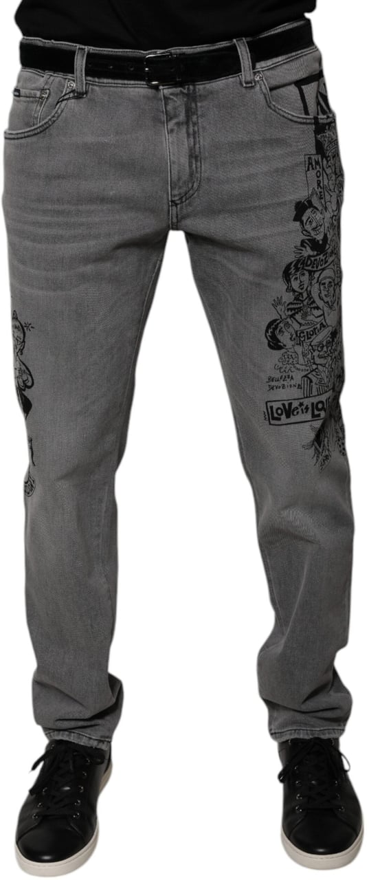 Dolce & Gabbana Gray Graphic Print Cotton Skinny Denim Jeans Grijs