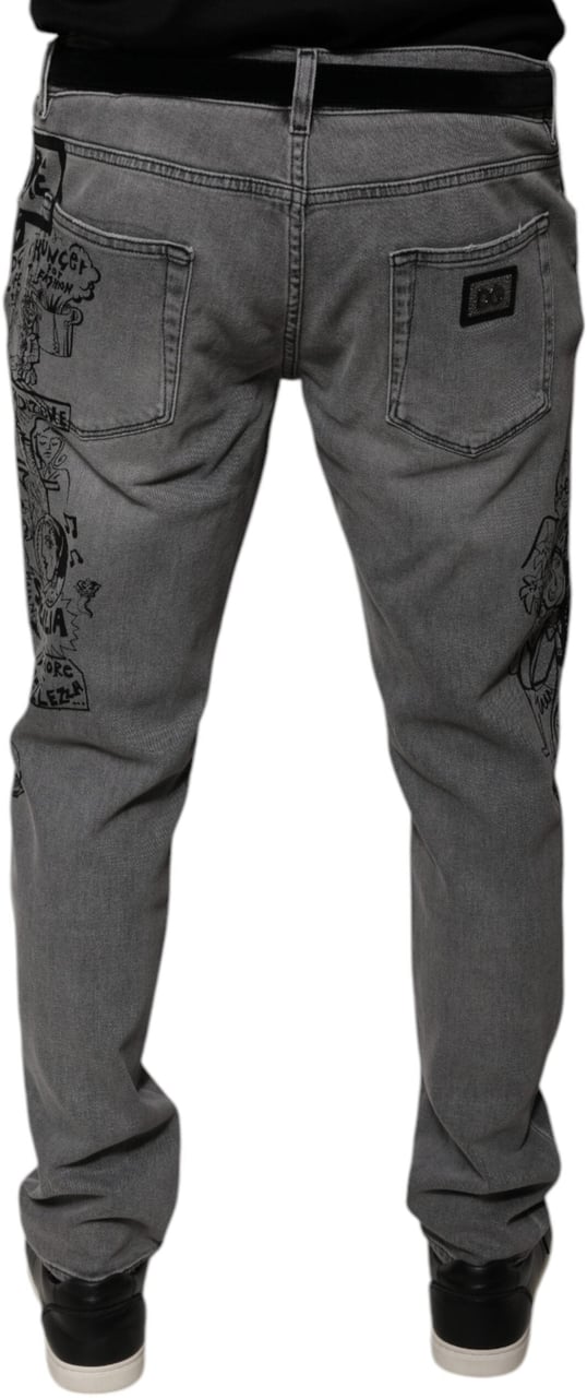 Dolce & Gabbana Gray Graphic Print Cotton Skinny Denim Jeans Grijs