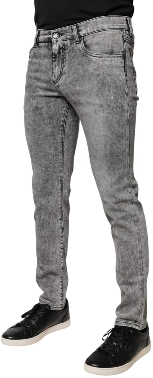 Dolce & Gabbana Gray Logo Plaque Cotton Slim Fit Denim Jeans Grijs