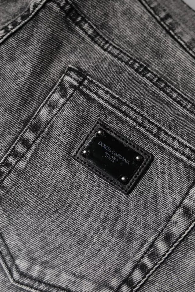 Dolce & Gabbana Gray Logo Plaque Cotton Slim Fit Denim Jeans Grijs