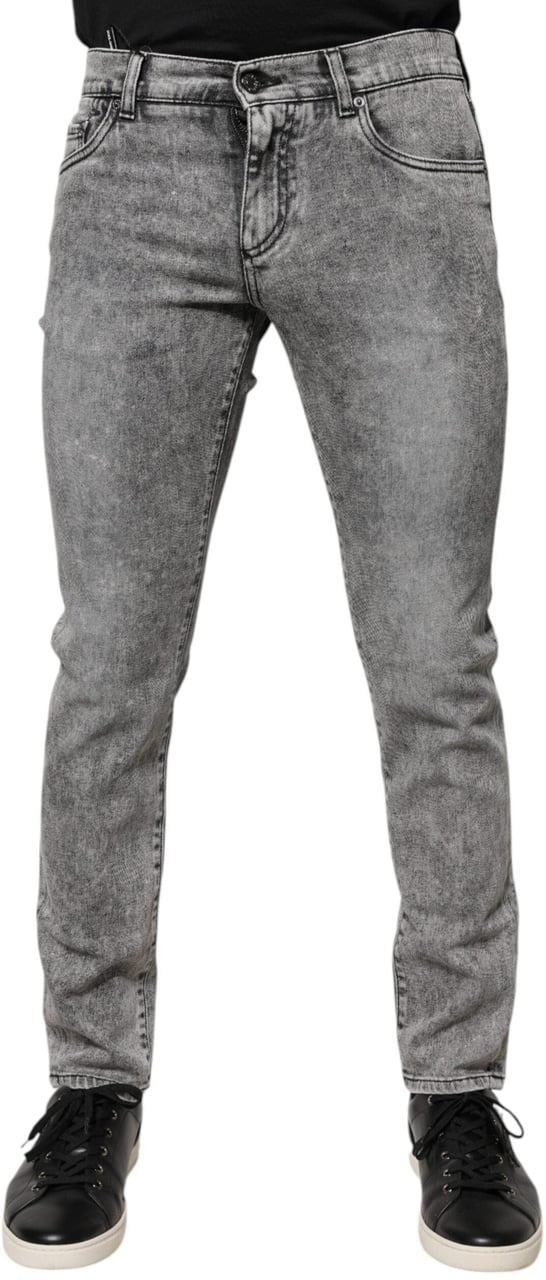 Dolce & Gabbana Gray Logo Plaque Cotton Slim Fit Denim Jeans Grijs