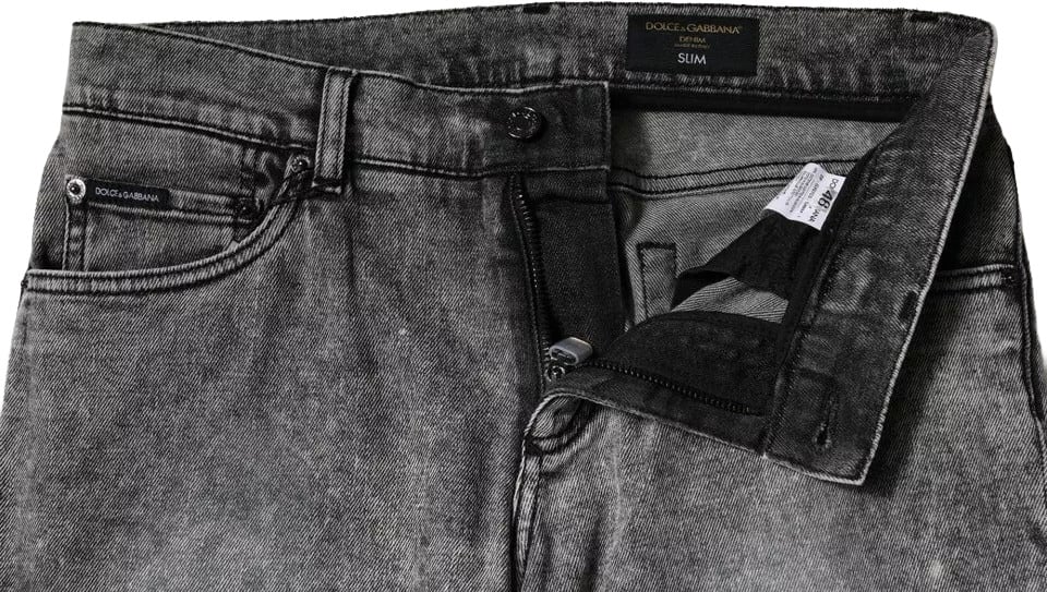Dolce & Gabbana Gray Logo Plaque Cotton Slim Fit Denim Jeans Grijs