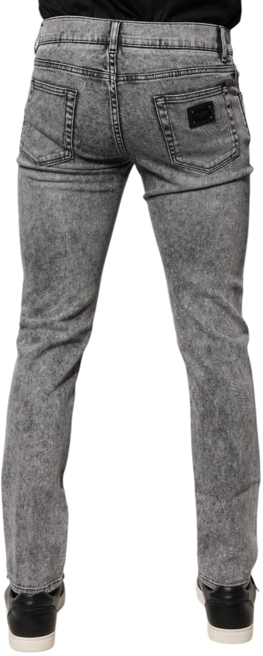 Dolce & Gabbana Gray Logo Plaque Cotton Slim Fit Denim Jeans Grijs