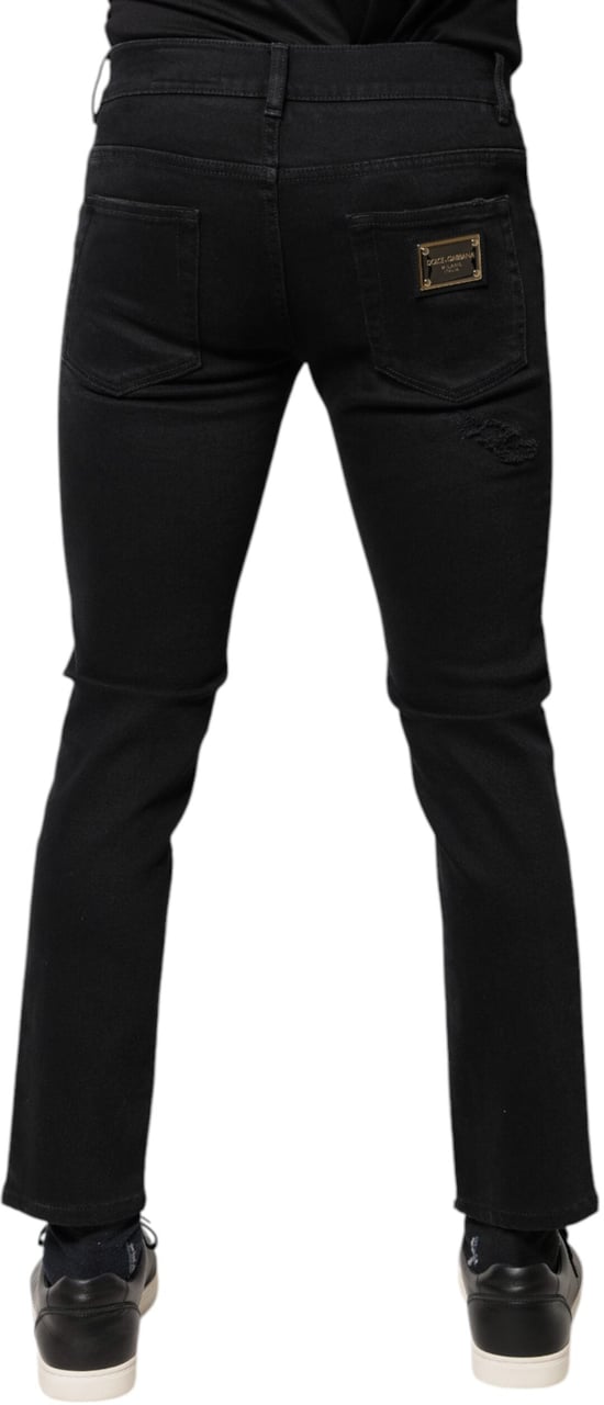 Dolce & Gabbana Black Cotton Tattered Skinny Denim Logo Jeans Zwart